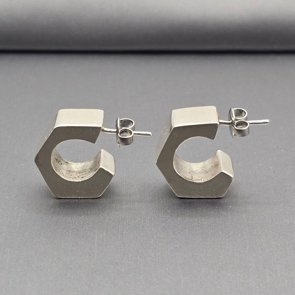 Sterling Silver Geometric C-Hoop Earrings Bold .75" Modern Hexagon Design - Picture 2 of 13
